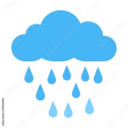 A simplified illustration of weather, showing a blue cloud and falling raindrops. Ideal for representing inclement weather, showers, and forecasts