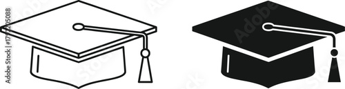 Dual Graduation Caps Symbolizing Academic Achievement, Ceremony, Success, Education, Tradition, Scholarly Milestone, Tassel Detail, Black and White Contrast