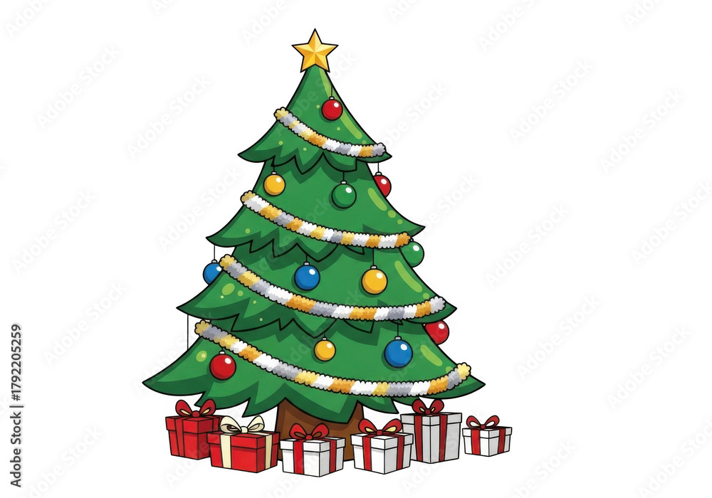 Fototapeta premium Cartoon christmas tree with presents, star, ornaments, tinsel isolated on transparent background