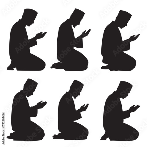 Silhouettes of Muslim men kneeling in prayer, showcasing devotion and religious practice in a simple, symbolic representation.