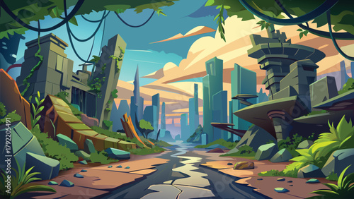 Broken futuristic city covered with cracked vector illustration ai generated