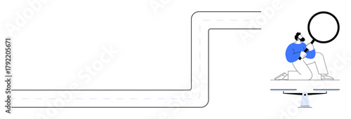 Person kneeling on desk closely examining a winding pathway using a magnifying glass. Ideal for analysis, strategy, exploration, problem-solving, focus, journey mapping, simple flat metaphor