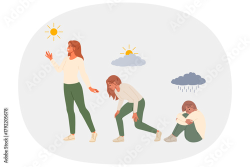 Woman successfully overcomes depression and feels relief after taking antidepressants, located under sun and clouds. Stress or depression in girl is replaced by joy and readiness for new challenges