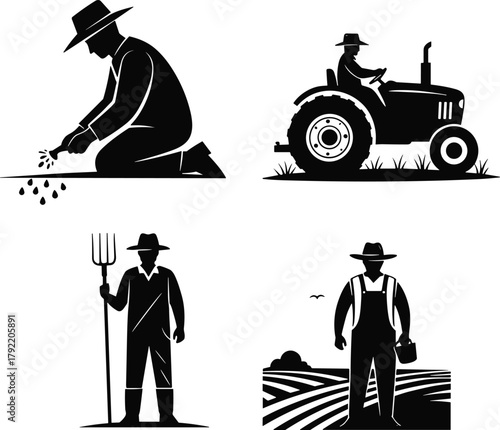 Farmer silhouette collection, agriculture worker vector set, man planting seeds, driving tractor, rural farming scene, black white illustration design