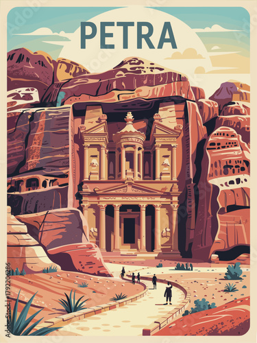 Vector flat illustration of Petra, Jordan featuring the Treasury carved into rose-red cliffs, winding path, desert plants, and warm sunset glow in a serene, vintage style