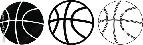 Stylized Basketball Icons in Trio- Bold, Minimalist, and Detailed Line Variations for Sports Branding, Design, and Educational Use