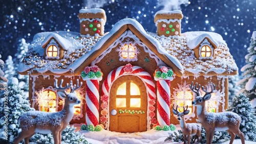 A gingerbread house with snow-covered roof, candy cane columns, deer, and starry night background