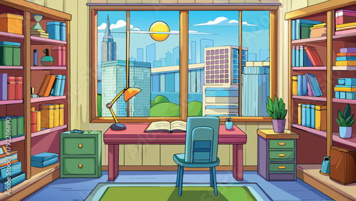 Kid study room interior, cartoon teenager room in classic style with work space, window, armchair, plant spot pictures on wall vector illustration ai generated