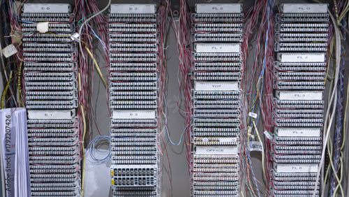 Close up of Complex Telecommunication Distribution Frame with Wiring