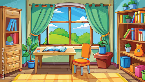 Kid study room interior, cartoon teenager room in classic style with work space, window, armchair, plant spot and pictures on wall vector illustration ai generated