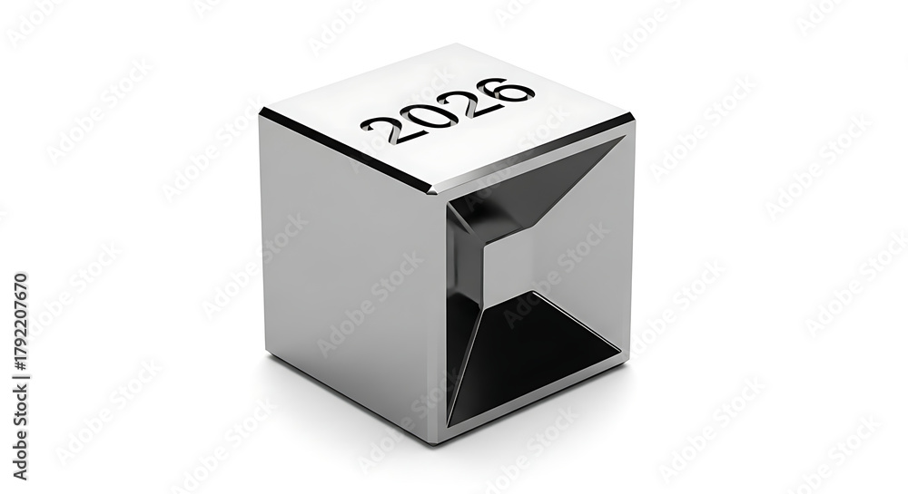 Obraz premium Shiny metallic cube with the year 2026 engraved, representing future goals and planning.