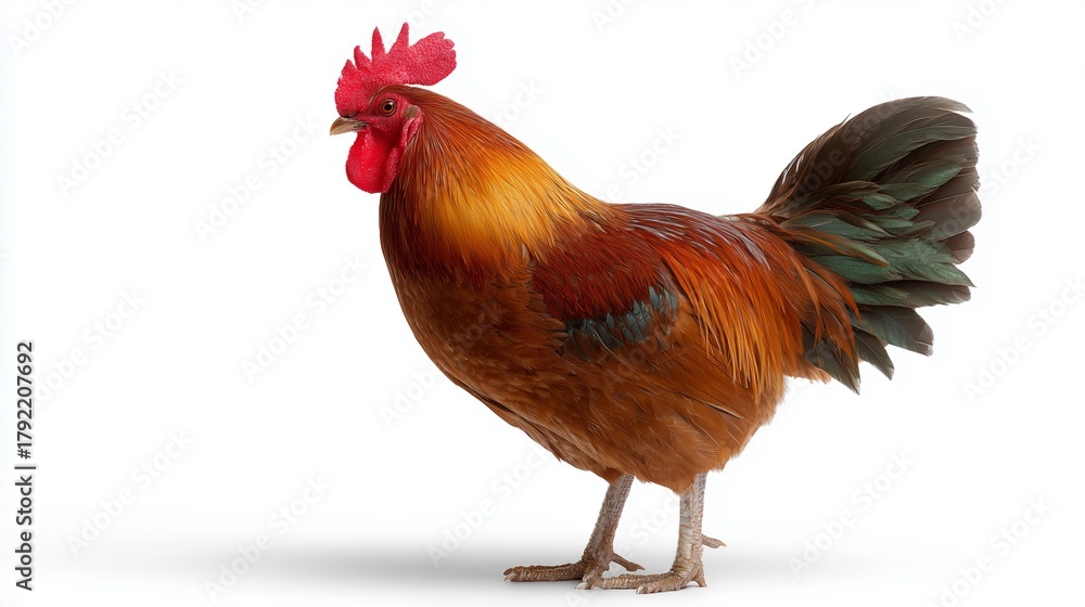Fototapeta premium Colorful rooster standing proudly on a plain background in bright lighting