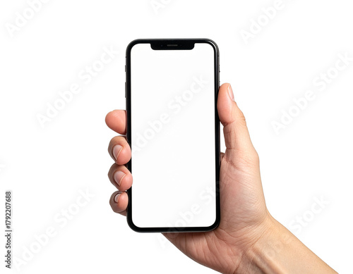 Hand holding smartphone mockup as png photo with blank screen isolated on white background. mobile phone hand png