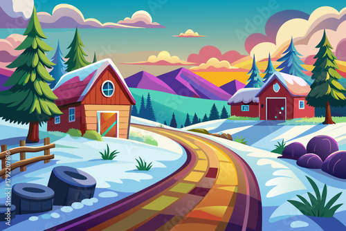 Narrow snowy road through farmland with visible tire tracks leading to distant barns