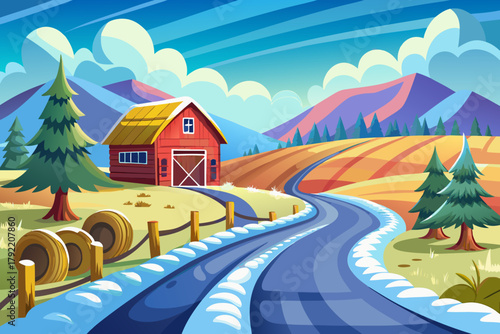 Narrow snowy road through farmland with visible tire tracks leading to distant barns