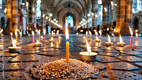 Candles in church, many healed candles as prayer or memory symbol.