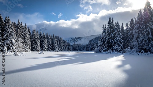 Wallpaper Mural A serene winter scene with snow-covered trees framing a frozen lake under a partially cloudy sky. Long shadows stretch across the landscape Torontodigital.ca