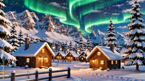 Cozy fabulous snow-covered houses in the mountains under the northern lights.