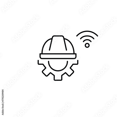 Cogwheel, hard hat and wi-fi. System configuration updates, engineering and maintenance. Pixel perfect, editable stroke vector icon