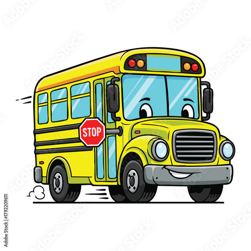 Joyful School Bus: A cheerful school bus illustration, embodying the spirit of youthful journeys, with bright colors and a friendly face.