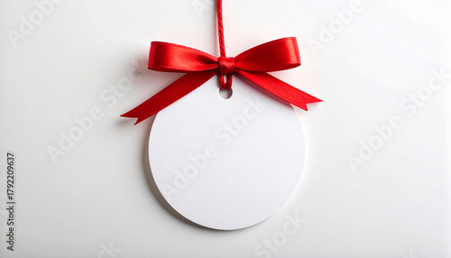 Blank white circular tag hanging by a string with a bright red satin ribbon bow on a clean white background. Gift label, product discount tag, or holiday greeting template with copy space.