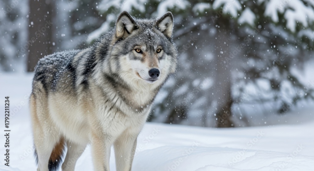 Naklejka premium Winter sentinel: A lone wolf stands amidst snowfall in a serene snowy landscape offering a scene