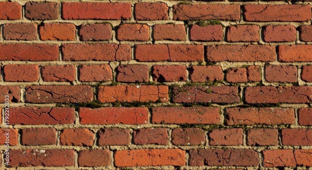 Fototapeta premium Textured brickwork surface featuring aged red bricks with mortar and subtle moss accents