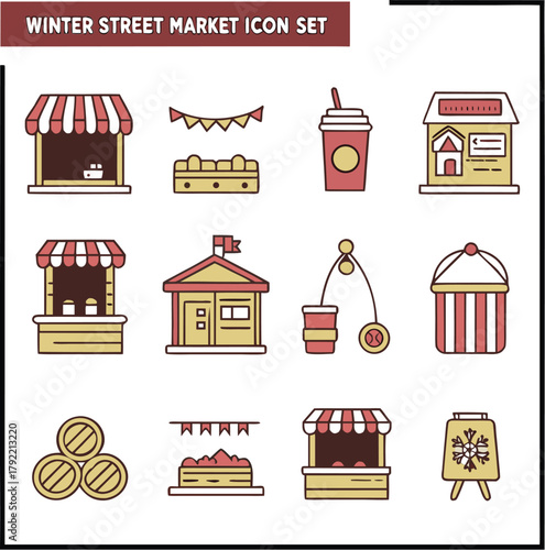 Winter street market icon set vector illustration icon set