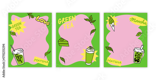 ポップな抹茶のInstagram投稿用テンプレート3点セット - テキストスペース付きSNSフレーム Set of 3 matcha green tea Instagram post templates - square social media frames with copy space