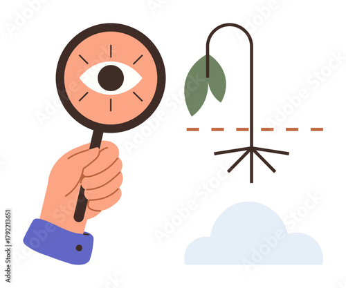 Magnifying glass with eye focusing on a wilting plant rooted above ground. Ideal for analysis, inspection, problem-solving, sustainability, failure study, ecology, and scrutiny. Clean and simple flat