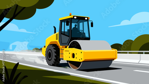 Yellow road roller working on highway under blue sky and trees  