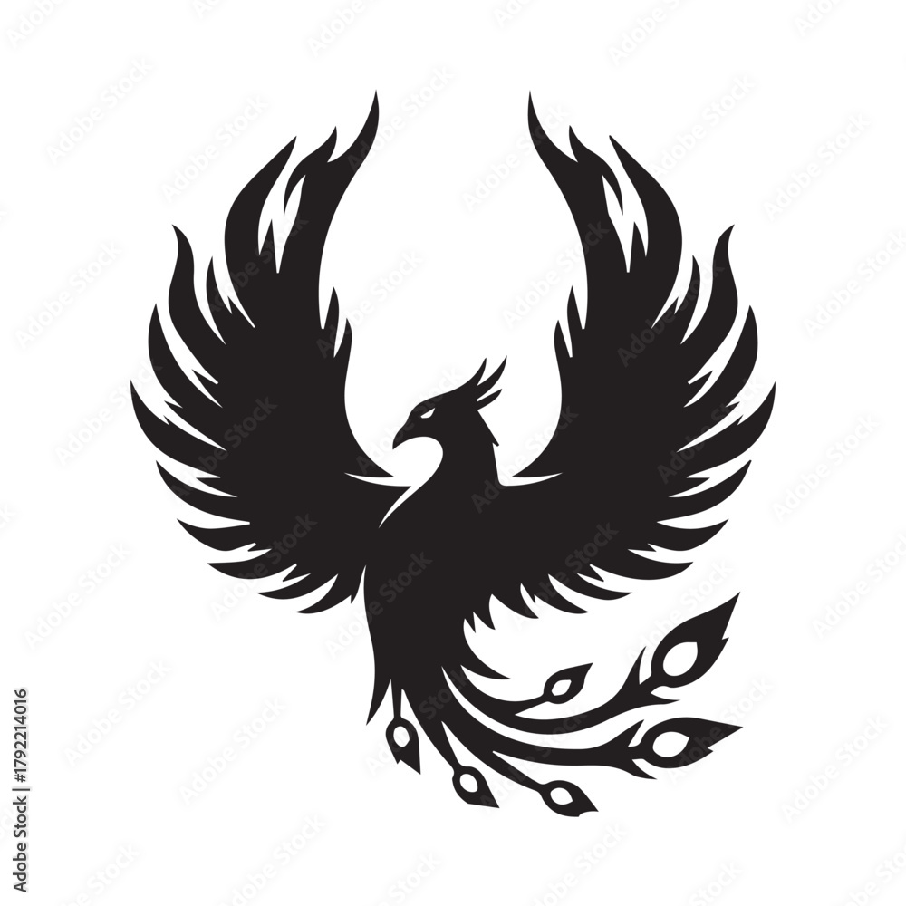 Obraz premium Phoenix Rising with Flame Wings Black White Vector Logo