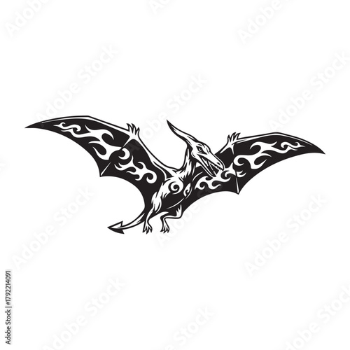 Tribal Pterodactyl in Flight Black White Vector Logo