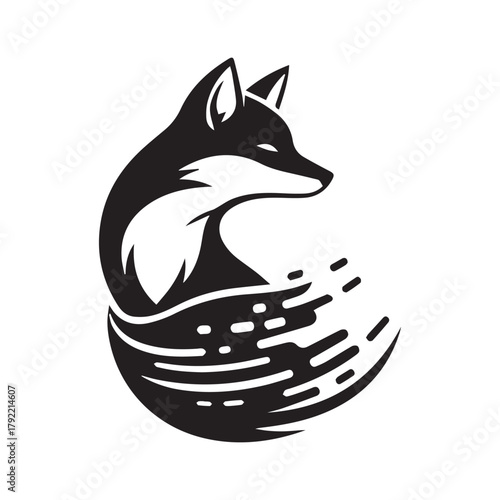 Digital Glitch Fox with Wave Tail Black White Vector Logo