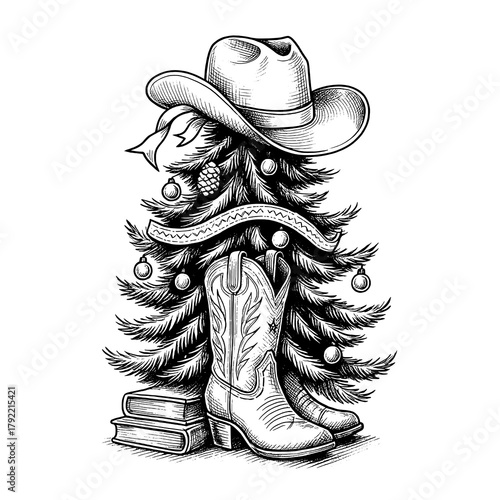  

Cowboy Christmas Tree Black and White Illustration

 

 
