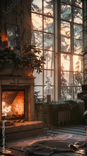 Cozy winter evening by the fireplace in a warm living room with sunset view through large windows surrounded by snow-covered trees