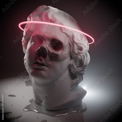 Antique sculpture of Alexander the Great with a reinterpreted design, fragments of a skull on the face. 3D design, neon halo overhead, digital creativity