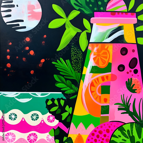Vibrant, hand-drawn tropical summer illustrations featuring cocktails, fruits, and bright abstract elements in fauvism style. Perfect for summer vibes, party concepts, and colorful design projects.
