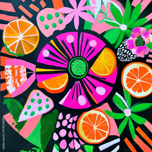 Vibrant, hand-drawn tropical summer illustrations featuring cocktails, fruits, and bright abstract elements in fauvism style. Perfect for summer vibes, party concepts, and colorful design projects.