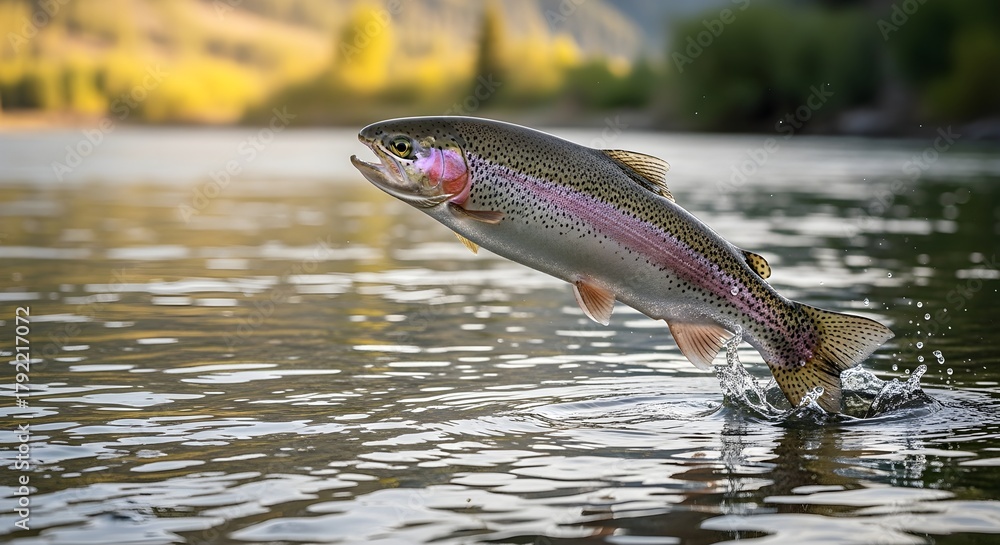 Obraz premium Rainbow Trout Leaping From Clear Waters A Display of Aquatic Agility and Beauty