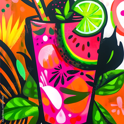 Vibrant, hand-drawn tropical summer illustrations featuring cocktails, fruits, and bright abstract elements in fauvism style. Perfect for summer vibes, party concepts, and colorful design projects.