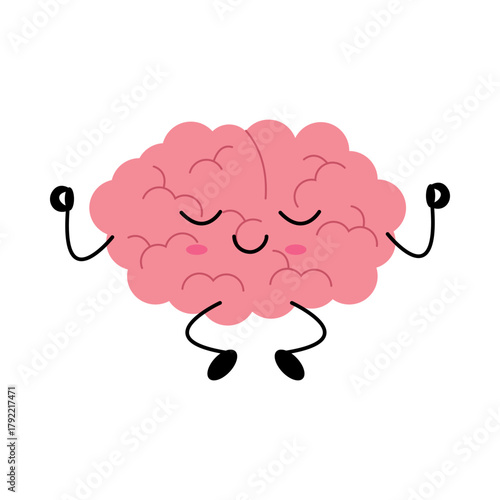 Cute meditating brain character in peaceful cartoon style