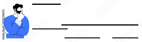 Man with thoughtful expression touches face, surrounded by abstract lines indicating text and concepts. Ideal for planning, strategy, analysis, decision-making, organization, vision clarity. Simple
