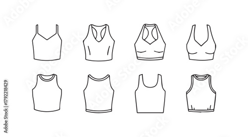 Collection of eight different styles of women s tank tops in a sketch silhouette style