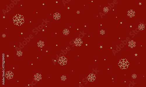 Seamless vector golden snowfall pattern on Christmas red background flat style. Winter falling snow texture. Cartoon snowflake Christmas or New Year backdrop. Wrapping paper or endless web page fill