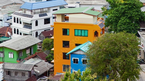 Colorful buildings clustered together in a dense urban landscape