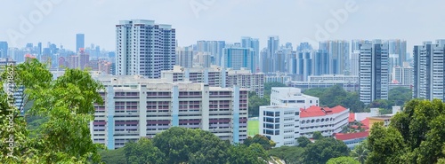 Urban skyline with lush green trees in the foreground
