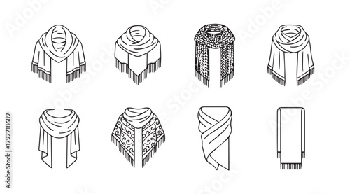 Collection of eight distinct scarf and shawl designs in a clean silhouette style