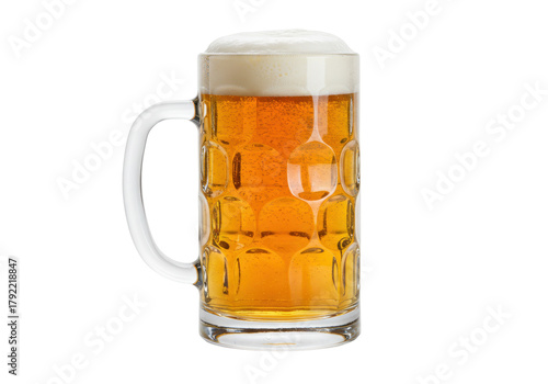 Isolated frosty mug filled with golden beer and a thick layer of foamy head for a cold drink