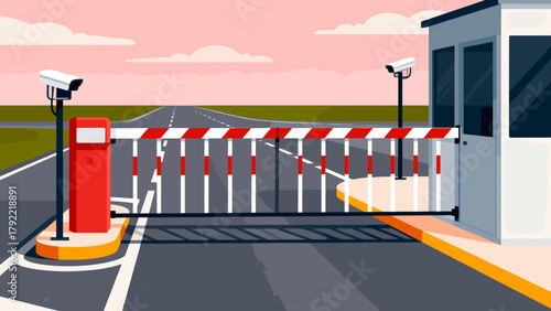 Security checkpoint with barrier and surveillance cameras in a landscape  